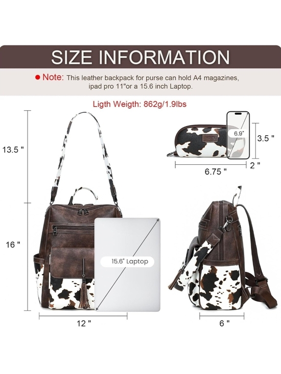 Brown Leather Backpack with Cowhide Print Accent main image 4